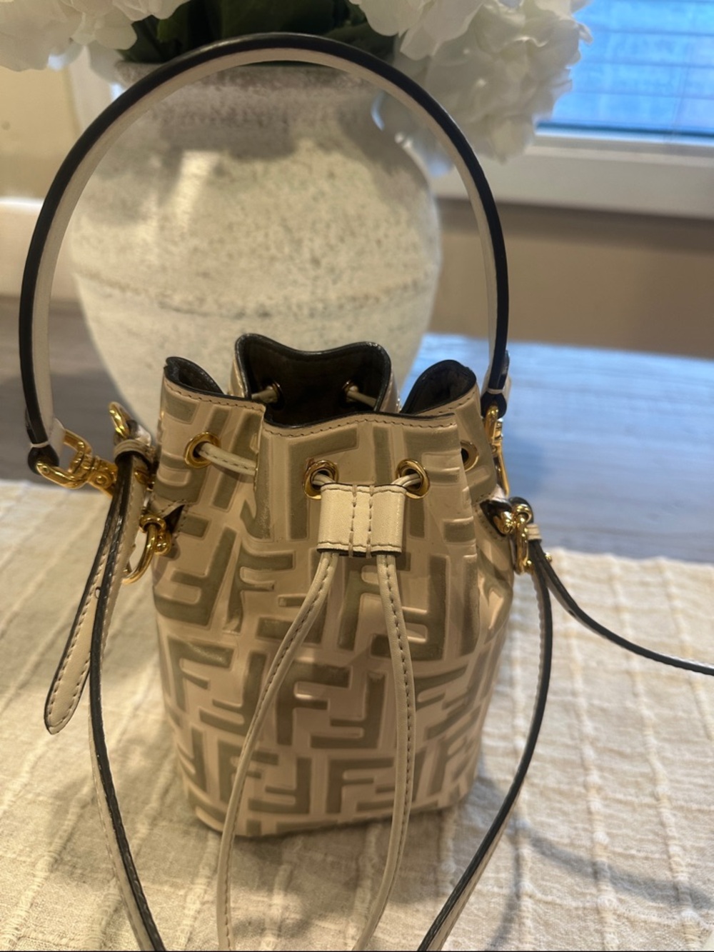 Fendi Beige Monogram Mini Drawstring Bucket Bag with Gold Hardware